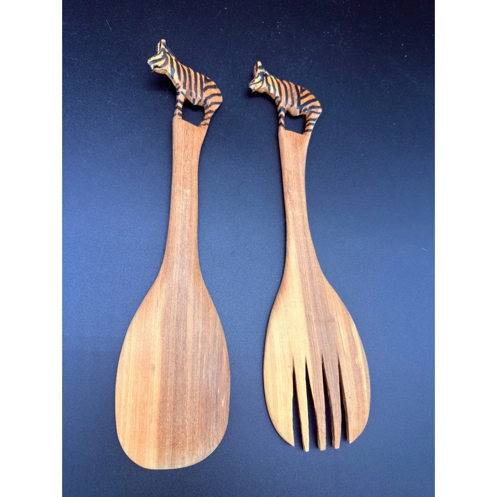 Hand Carved Wooden Zebra Salad Server Set 2 Piece Serving Spoon and Fork Animal